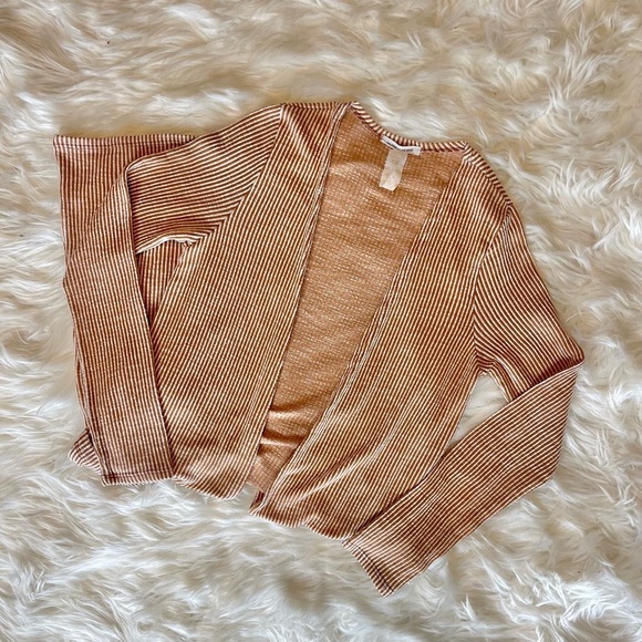 Nordstrom Caution To The Wind Dark Yellow Striped Duster Pocket Cardigan Sweater - Picture 3 of 3